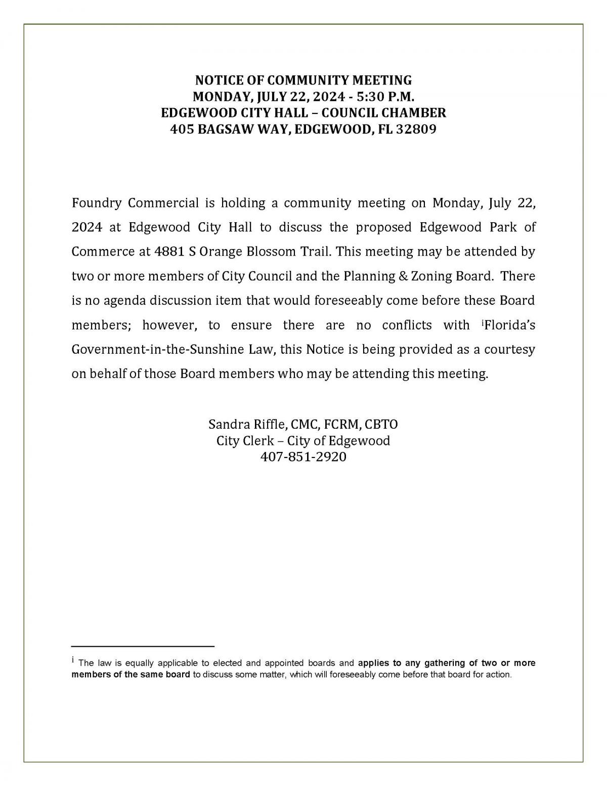 July 22, 2024 Community Meeting - Sunshine Notice